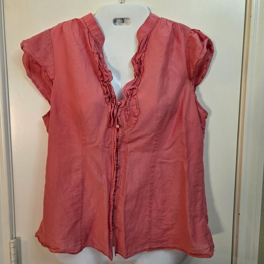 Banana Republic Coral Pink Cotton Silk Ruffle V-Neck Cap Sleeve Blouse Large